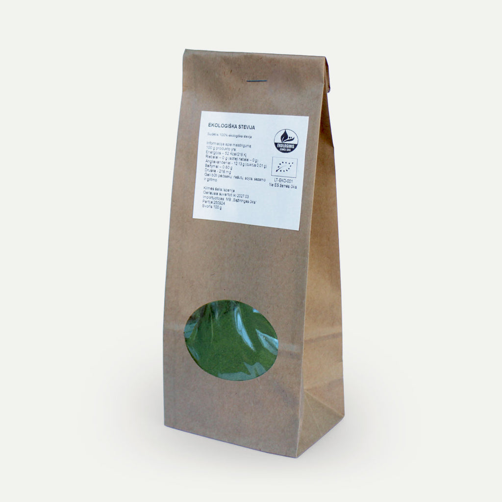 Ekologiški stevia maišelyje su langeliu